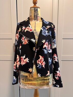 Express Black Floral Moto Jacket with Pink & Blue Flowers
